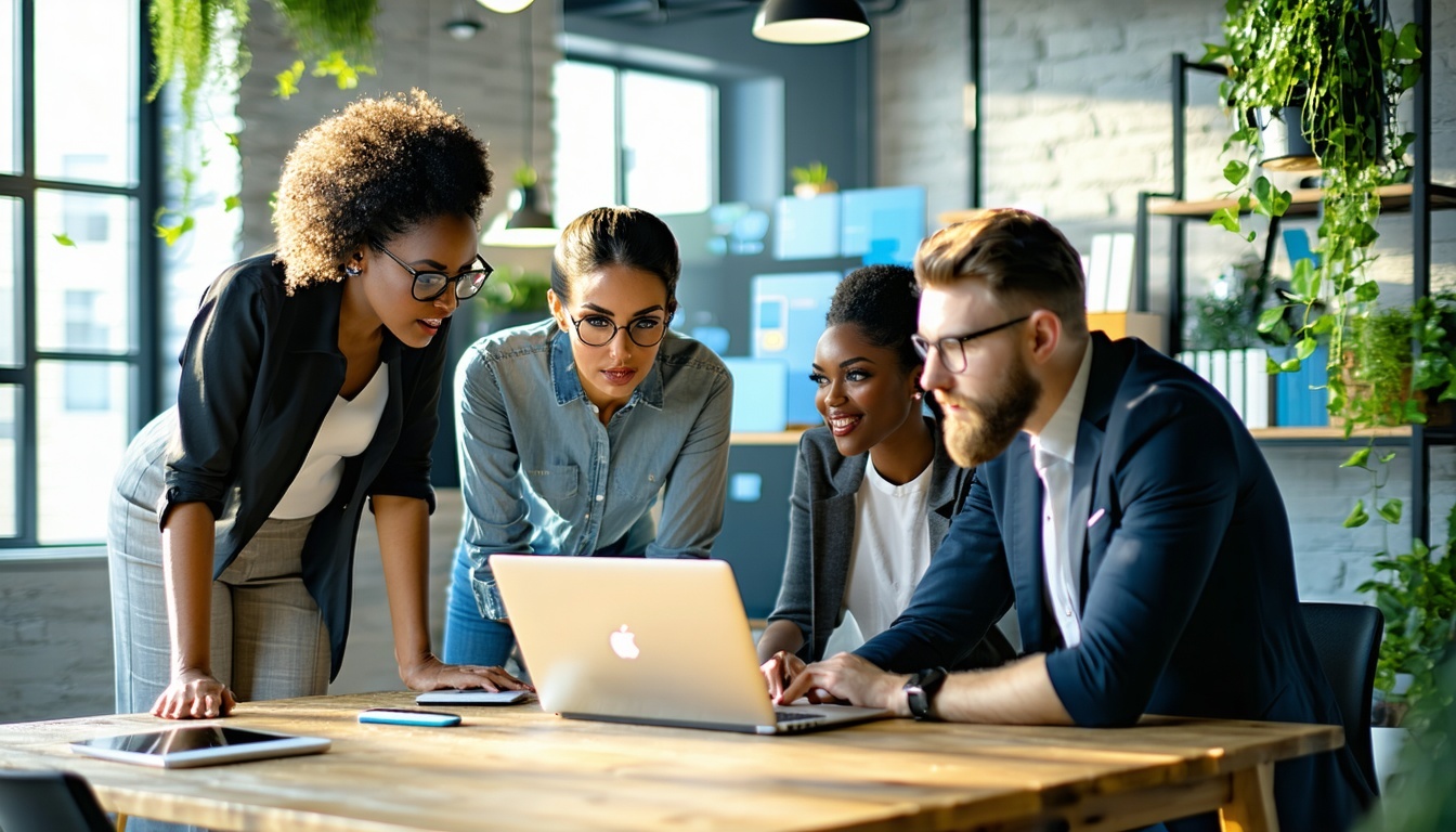 A diverse group of professionals working together in a modern office representing career changers entering the tech industry A diverse group of professionals working together in a modern office representing career changers entering the tech industry